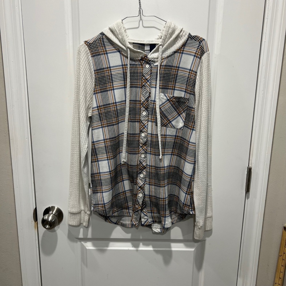 Daytrip Womens Hooded Button Down Waffle Knit Sleeve Plaid White Size M